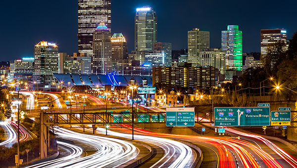 Traffic in City of Pittsburgh at Night